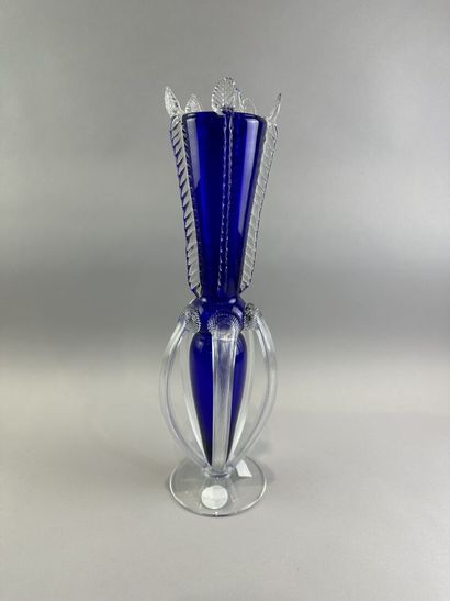 Vase en Murano en verre bleu et 5 anses en...