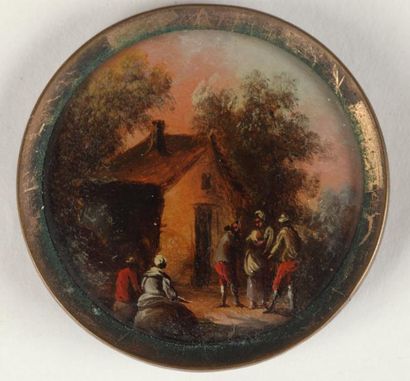 null Bouton, XVIIIème siècle, laiton, décor peint d'une scène d'auberge flamande...