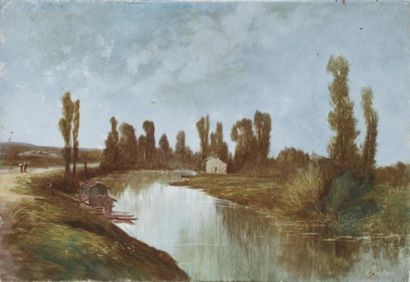 École de la fin du XIXe siècle Paysage de rivière "Peinture sur plaque de porcelaine,...