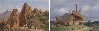 BLIN Francis (1827-1866) Chèvre près des dolmens "et"Défilé dans les Pyrénées "Paire...