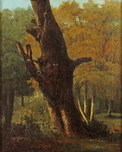 BRUANDET Lazare (1755-1804) Garde-chasse et son chien en forêt de Fontainebleau "Huile...