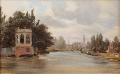 SEBRON Hippolyte (1801-1879) Village en bord de rivière "Huile sur papier marouflé...