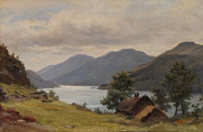SEBRON Hippolyte (1801-1879) Vue d'un lac "Huile sur papier marouflé sur toile, signée...