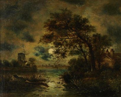 Att. à MESDAG Hendrik Willem (1831-1915) La pleine lune sur le moulin "Huile sur...