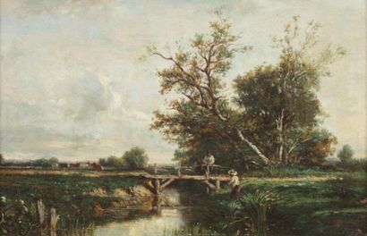 FLERS Camille (1802-1868) Le petit pont de bois "Huile sur toile, signée en bas à...