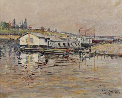 LEPETIT Alfred-Marie (1876-1953) Bateau-lavoir sur la Seine à Levallois "Huile sur...