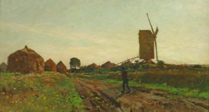 DAMOYE Pierre Emmanuel Eugène (1847-1916) Le retour des champs près du moulin "Huile...