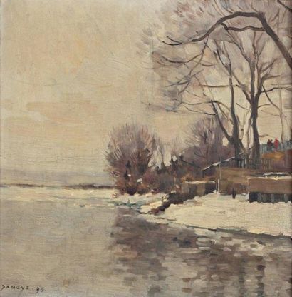 DAMOYE Pierre Emmanuel Eugène (1847-1916) Embarcadaire sous la neige "Huile sur panneau,...