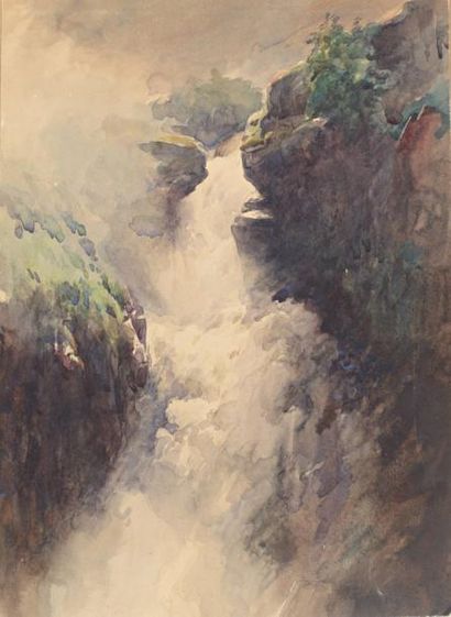 HARPIGNIES Henri Joseph (1819-1916) La cascade "Aquarelle, signée en bas à droite...
