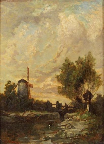 DESHAYES Eugène (1828-1890) Paysage au moulin en bord de rivière "Huile sur panneau,...