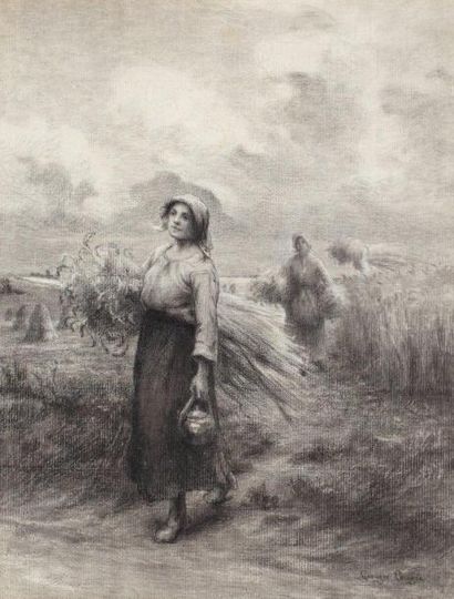 LAUGEE Georges (1853-XIX) Paysanne revenant des champs "Fusain, signé en bas à droite...