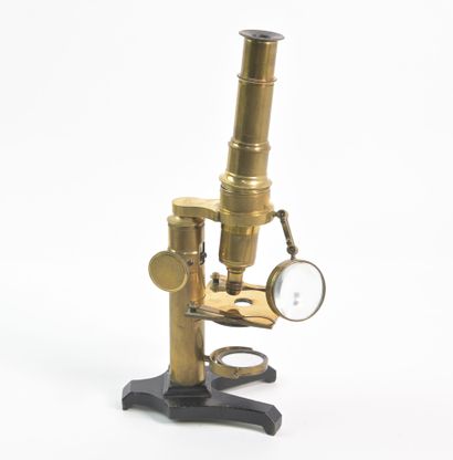 null Bronze and brass column microscope with mirror and magnifying glass. Weighted...