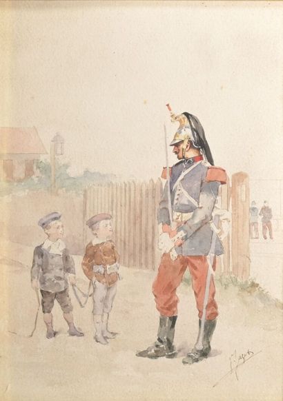 null Ecole du XIXe
Soldat et enfants
Aquarelle, signée en bas à droite. 
32.5 x 23...