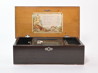 null Music box in stained wood case. Mechanism with internal winding lever, playing...