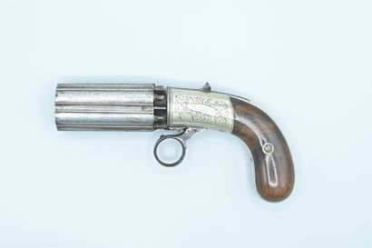 null Important 6-shot pepperbox. Nickel silver frame finely engraved and signed "Coopers...