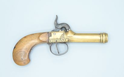 null Percussion handgun with Scottish style. Bronze frame and barrel with bead. Marked...