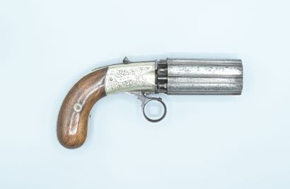 null Important 6-shot pepperbox. Nickel silver frame finely engraved and signed "Coopers...