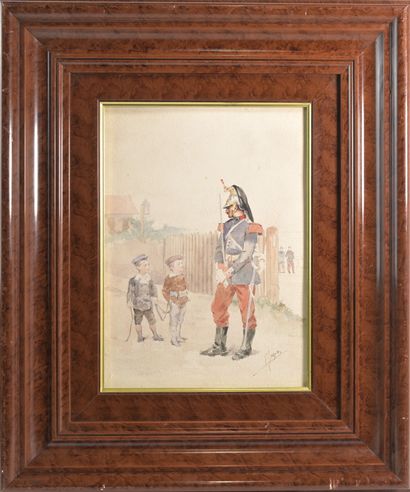 null School of the XIXth century
Soldier and children
Watercolor, signed lower right....