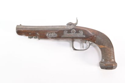 null Flintlock pistol transformed to percussion. Iron trimmings cut out with hunting...