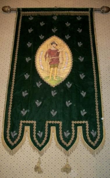 null Bannière de Saint Hubert, fin XIXème siècle, velours de soie vert, brodé argent...
