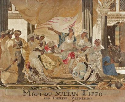 null Tableau brodé à l'aiguille, Mort du Sultan Tipoo, par Thérèse Ziener, 1817,...