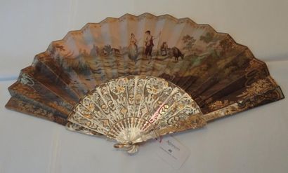 XIXème siècle La fenaison eventail, la feuille en papier doublé cabretille, peinte...