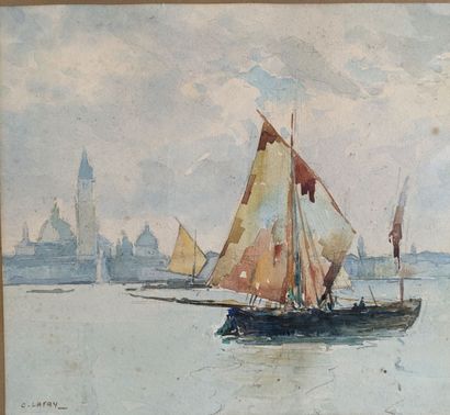 null Octave LAFAY (Roanne 1878 - 1937) "voilier devant la place St Marc" aquarelle...