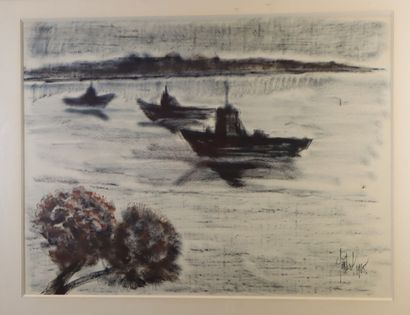 null Paysage aux bateaux
Pastel et encre sur papier
46 x 62 cm (à vue)
Signature...