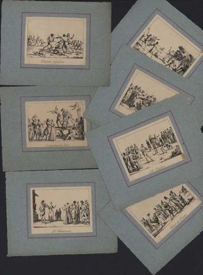 null ENSEMBLE de 65 gravures anciennes (XVIIe-XVIIIe) contrecollées sur papier bleuté...