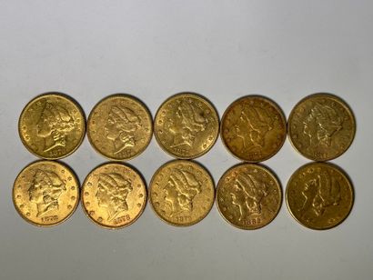 10 pièces de 20 dollars US Aigle. 1876 (x2),...