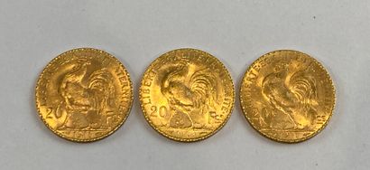 3 pièces de 20 francs or 1908, 1910, 1913.
P...
