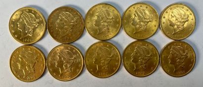10 pièces de 20 dollars US Liberty. 1904
P...