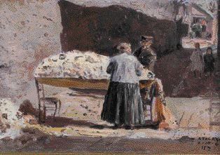 Enrique Gonzales ATALAYA (1851-1913) « OUVRIERS PRÉPARANT LA LAINE » Huile sur panneau,...