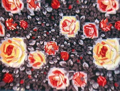 null Roses orangées sur fond noir, gouache, circa 1925. 0, 45 x 0, 34 m