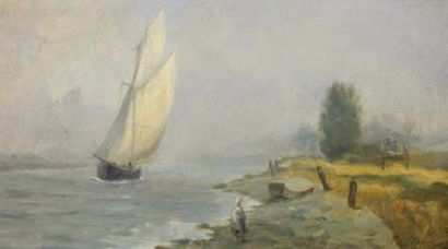 LEPINE, Stanislas (1835-1892), «Paysage au voilier», huile sur papier marouflé sur...