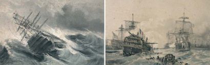 Ecole française 19ème siècle. Bataille navale et naufrage. Deux eaux-fortes, 30x47...