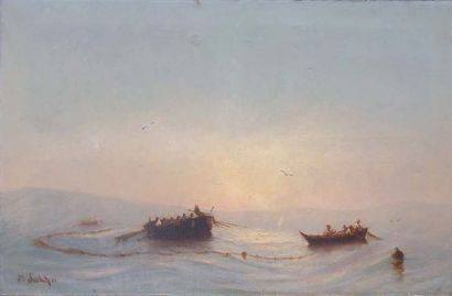Joseph SUCHET (1824-1896). Pêche à la seinche. Huile sur toile signée en bas à gauche....