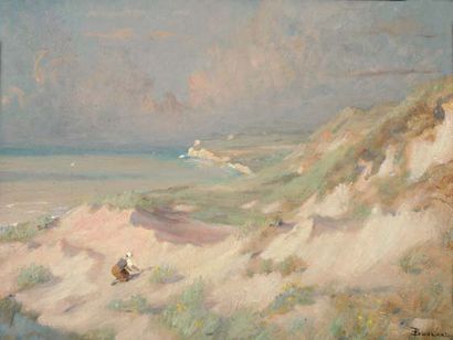 Emile BOULARD (1861-1943). Jeune paysanne dans les dunes. Huile sur panneau signée...