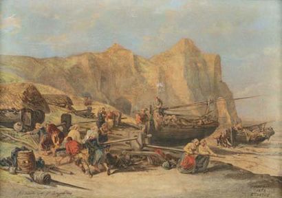 Auguste BOULARD (18521923). Village de pêcheurs. Huile sur toile monogrammée en bas...