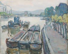 Abel BELTRAM (1871-1954) "Peniche au bord de la Seine" Huile sur carton, signée en...