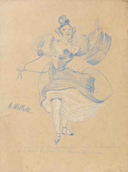 Alphonse WILLETTE (1857-1926) "Femme aux ciseaux", Dessin au crayon bleu et craie...