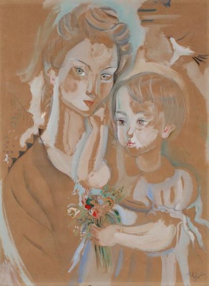 MILYPOSSOZ (1888-1967) "Jeune femme et enfant" Gouache et dessin encadré sous verre...