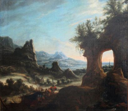 Jan GRIFFIER «Voyageuses et leurs mules dans une vallée montagneuse» Huile sur toile...