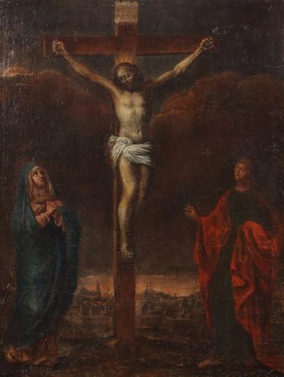 ECOLE XVIIIe SIÈCLE "Christ en Croix" Huile sur toile. Dim.: 74,5 x 57 cm. ((Toile...
