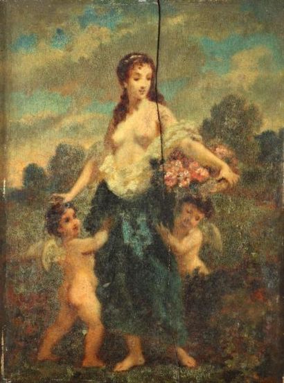 Entourage de Narcisse DIAZ de la PENA (1807-1876) "Fémme et enfants", huile sur panneau,...