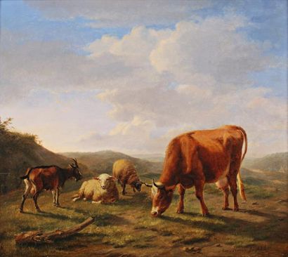 Auguste MOLIN (1821-1890) «Vache, ovins et chèvre, dans un pré» Huile sur panneau...