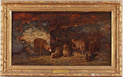 CERAMANO Charles Ferdinand (1829-1909) "Moutons à la bergerie", Huile sur toile,...