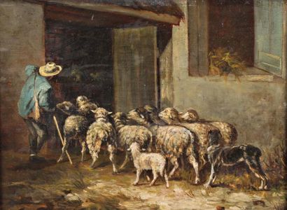 °CERAMANO Charles Ferdinand (1829-1909) "Le retour à la bergerie", Huile sur panneau,...