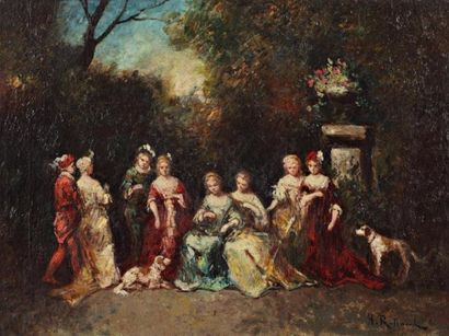 ROLLAND Henri Paul (1830-XIXe) "Réunion dans un parc", Huile sur toile, signé en...