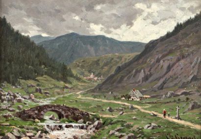 Jean-Charles GEORGET (1833-1895) "Paysage de montagne", Huile sur panneau, signée...